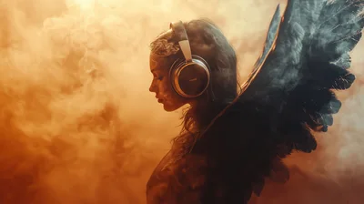Angel With Black Wings Wearing Headphones In Golden Smoke