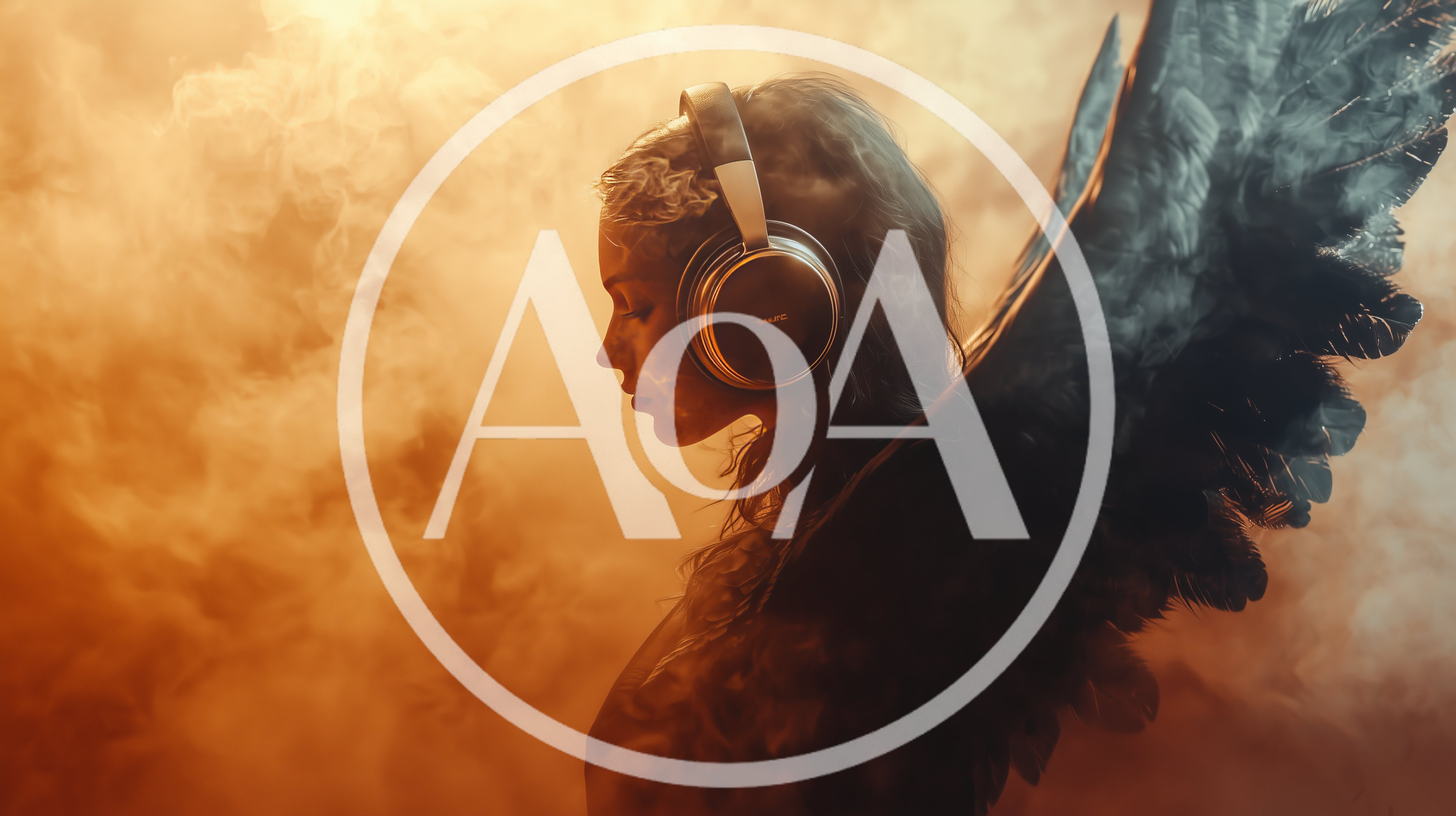 Angel With Black Wings Wearing Headphones In Golden Smoke