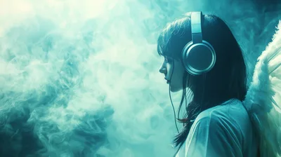 Young Woman With Angel Wings Listening To Music