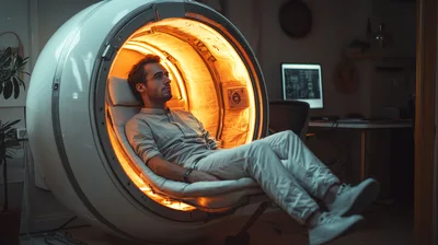 Man Relaxing In Futuristic Circular Meditation Pod