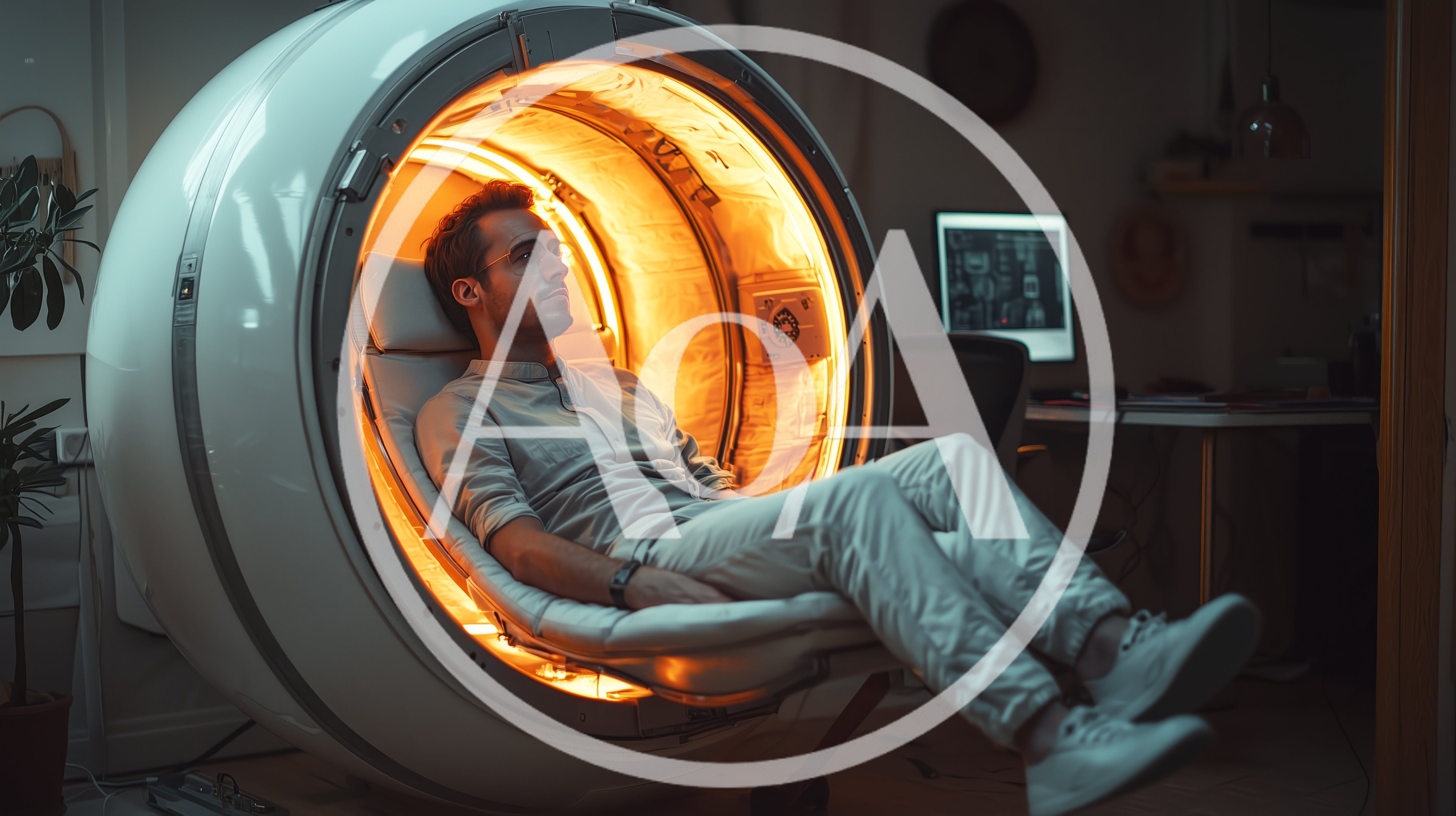 Man Relaxing In Futuristic Circular Meditation Pod