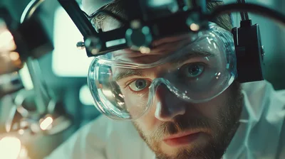 Scientist Wearing Protective Goggles And Headlamp In Laboratory
