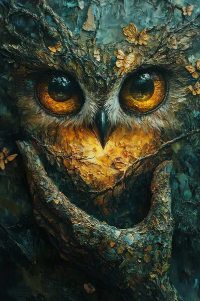 Surreal Owl Face Merged With Tree Bark Texture