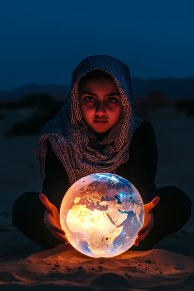 Young Girl Holding Glowing Earth Globe in Desert