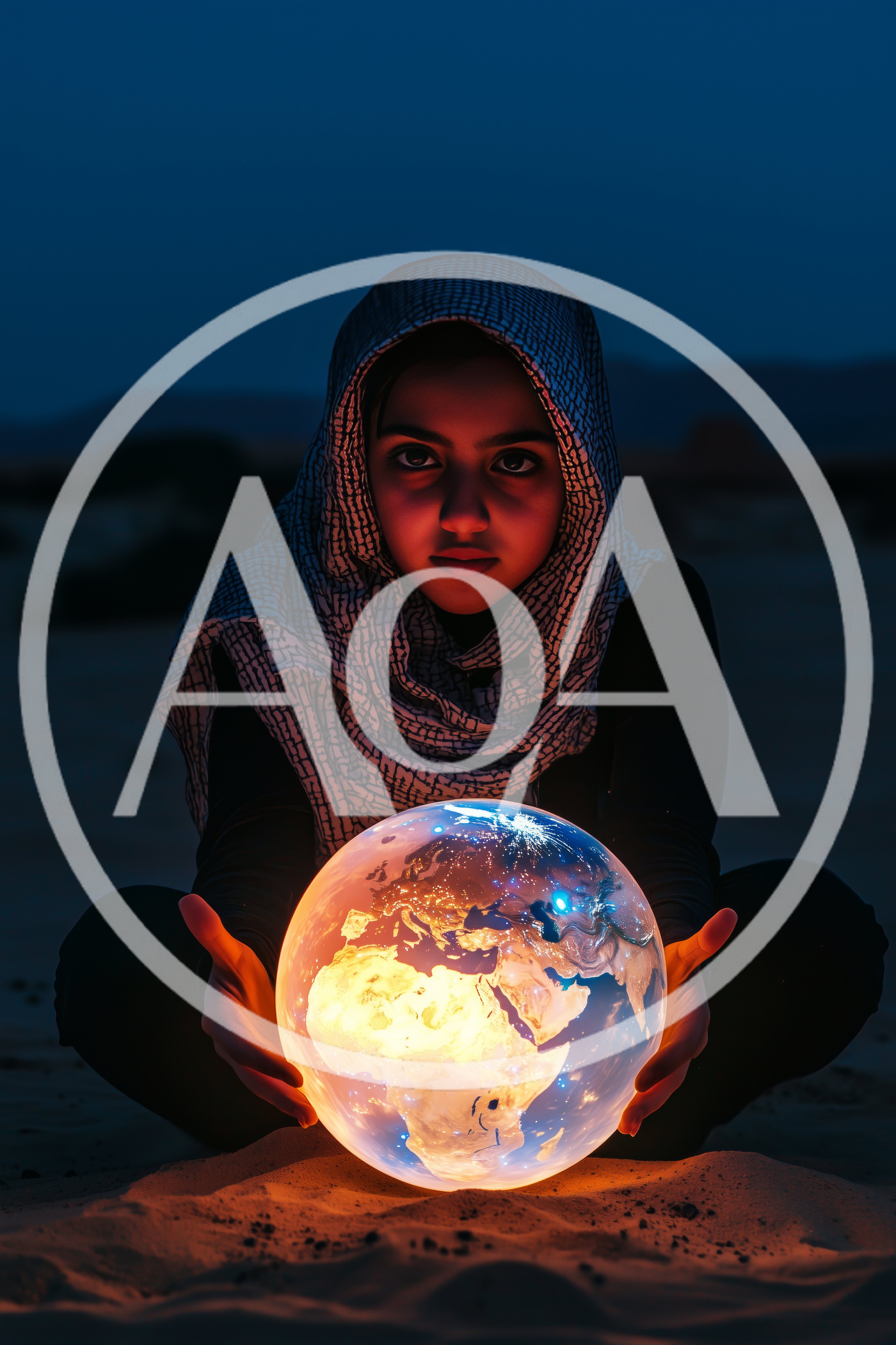 Young Girl Holding Glowing Earth Globe in Desert