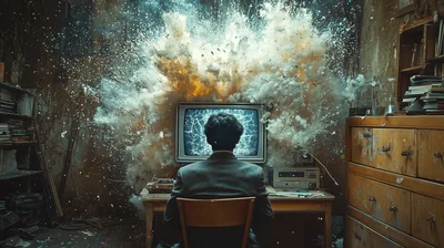 Man Sitting Before An Exploding Vintage Television