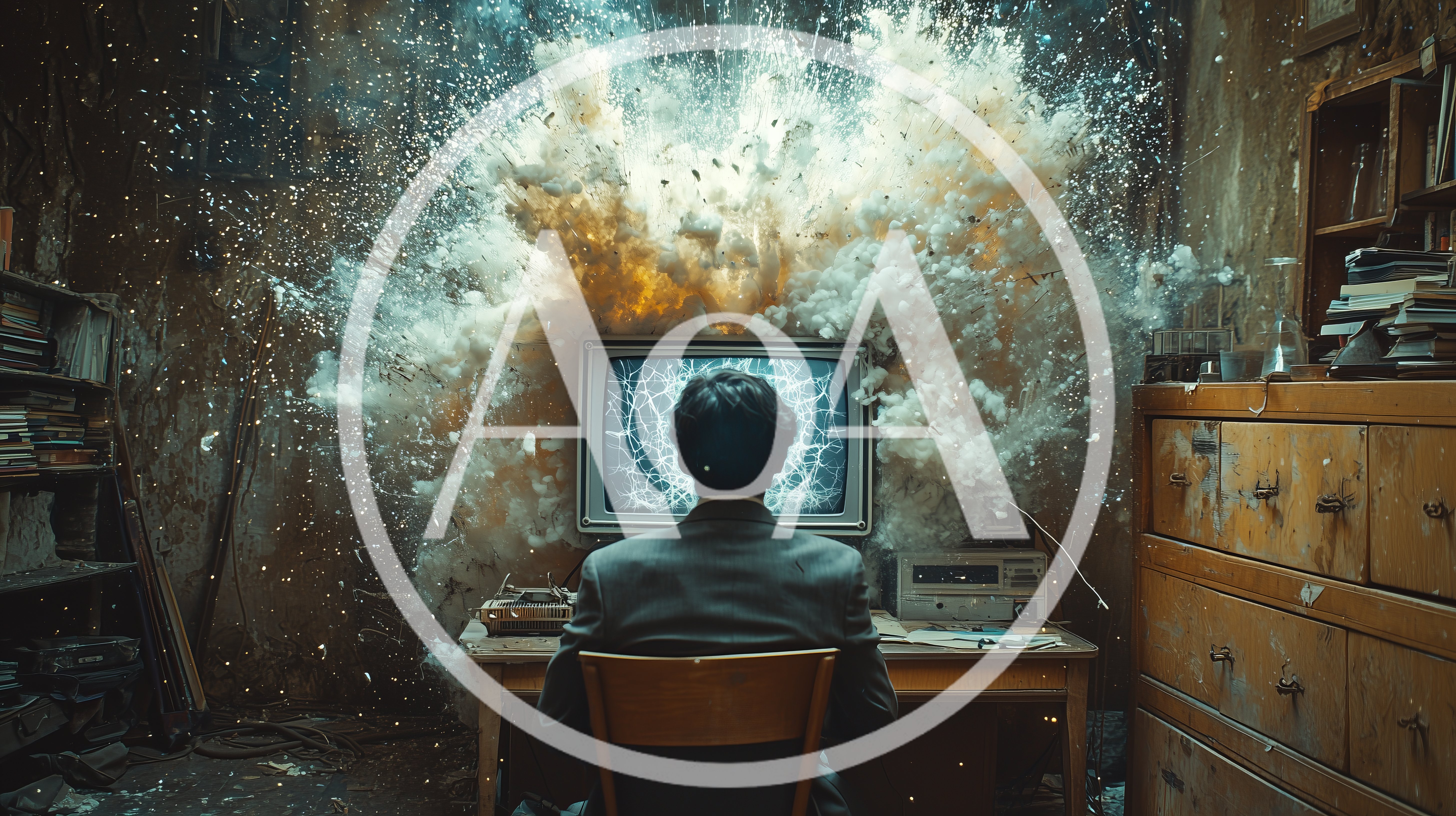 Man Sitting Before An Exploding Vintage Television