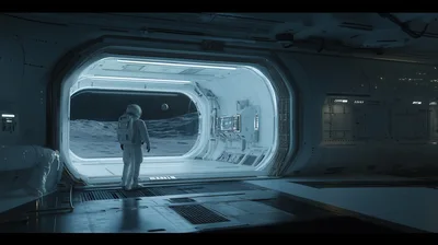 Astronaut Standing In Space Station Looking At Moon Surface