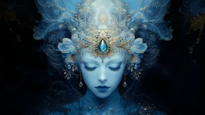 Ethereal Goddess Portrait With Ornate Blue Crystal Headdress