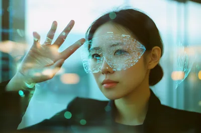 Young Asian Businesswoman Interacting With Augmented Reality Interface