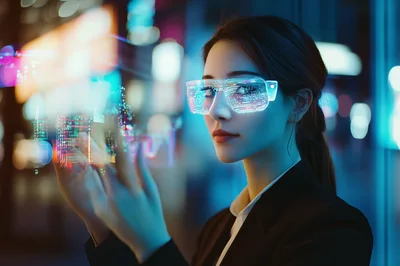 Businesswoman Using Augmented Reality Glasses In City