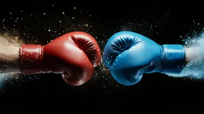 Red And Blue Boxing Gloves Clashing In Midair