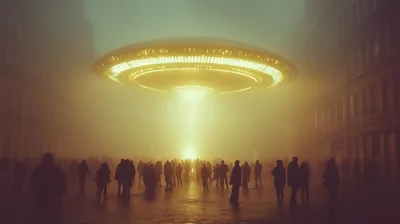 UFO Hovering Over A Crowd In Foggy City