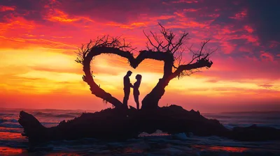 Silhouette Of A Couple Standing Inside A Heart Shaped Tree