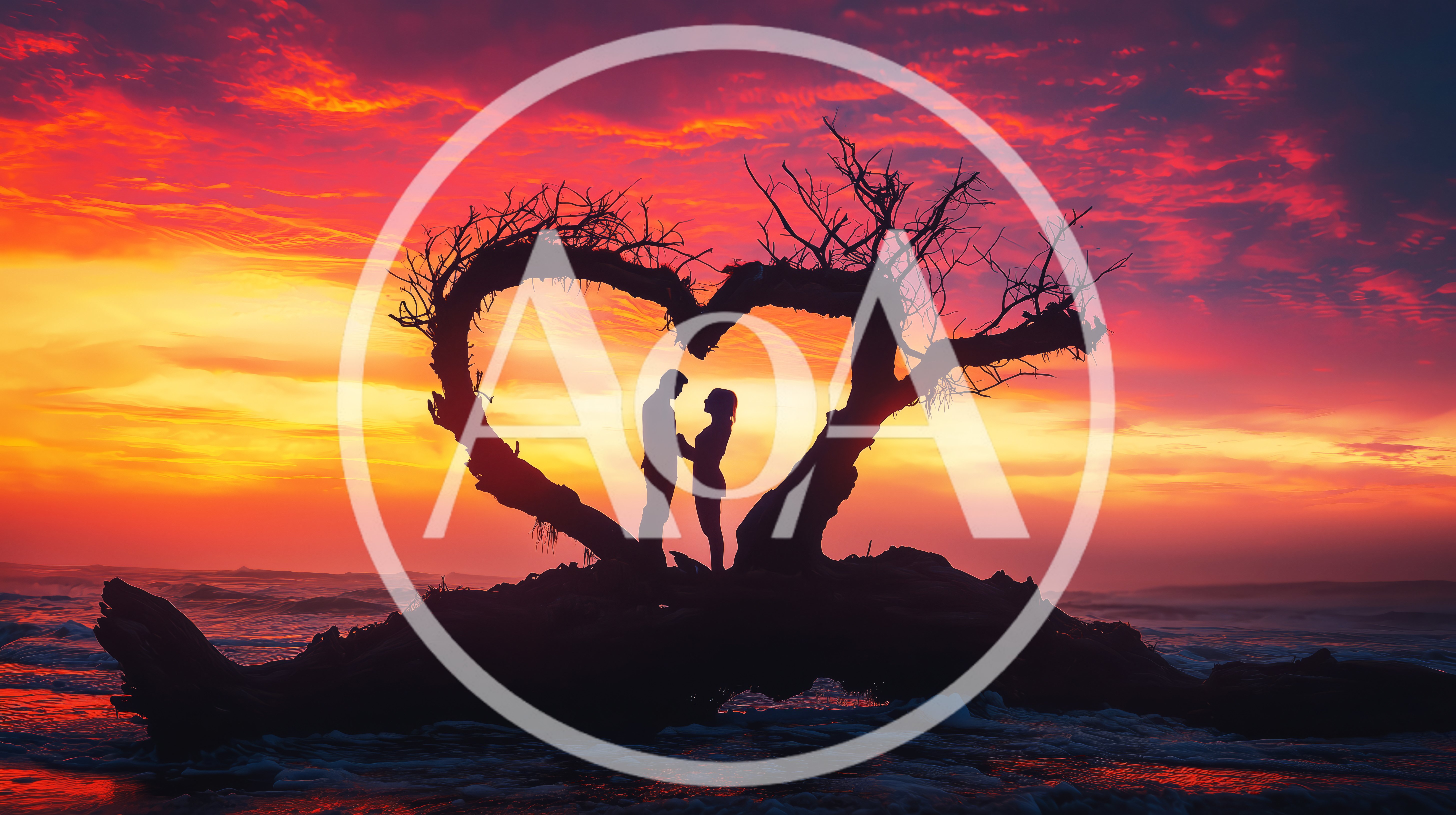 Silhouette Of A Couple Standing Inside A Heart Shaped Tree