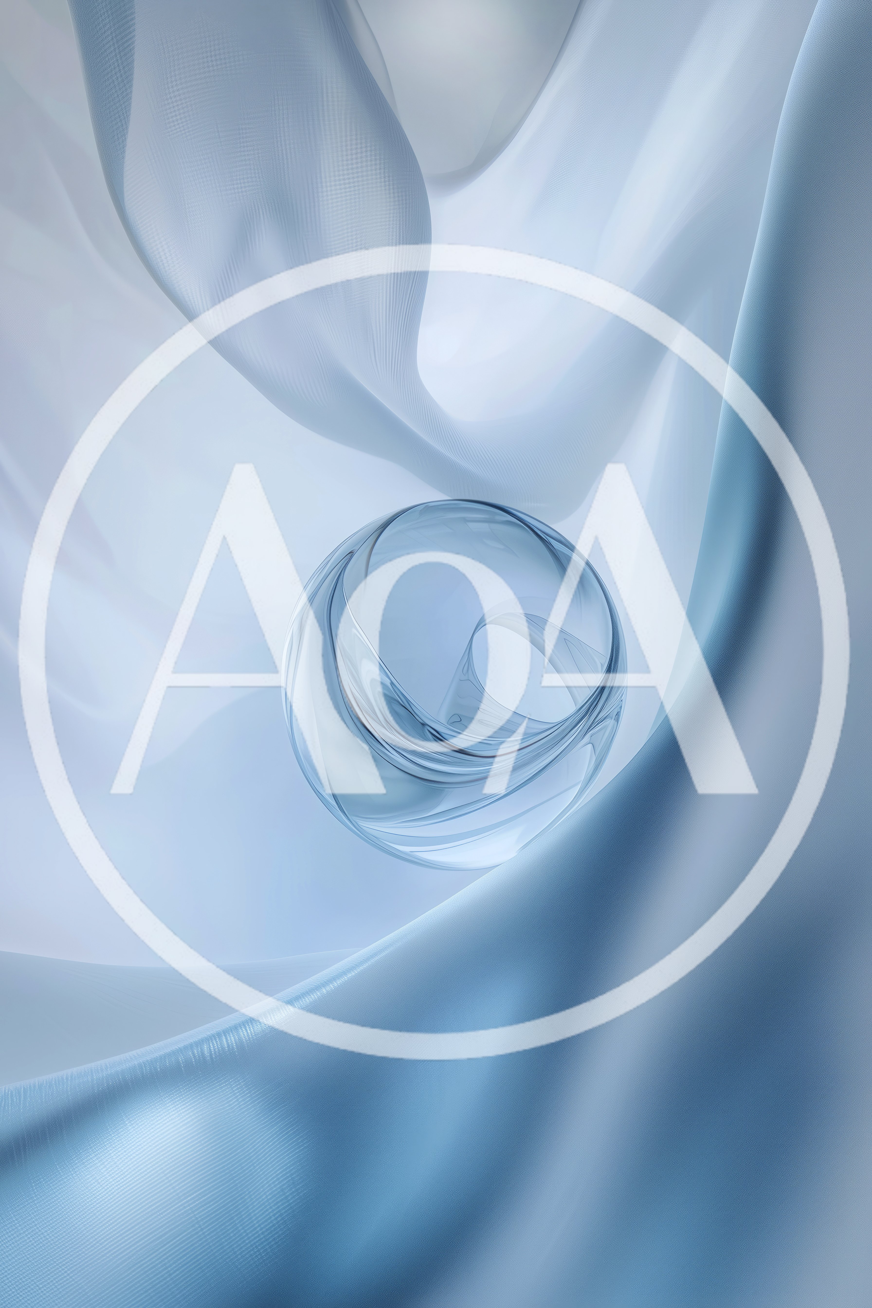 Abstract Glass Sphere Floating Above Flowing Blue Fabric
