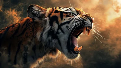 Fierce Tiger Roaring In A Dramatic Smoky Atmosphere