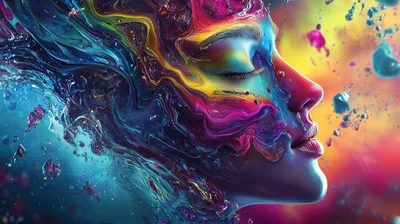 Abstract Portrait Of A Woman With Colorful Liquid Paint