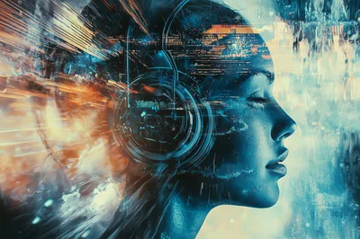 Digital Human Profile With Futuristic Headphones And Data Streams
