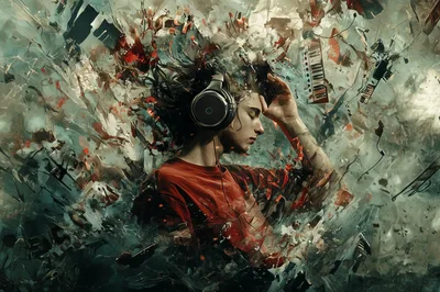Young Man Listening To Music In Abstract Surreal Environment