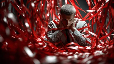 Stressed Businessman Surrounded By Tangled Red Ribbons