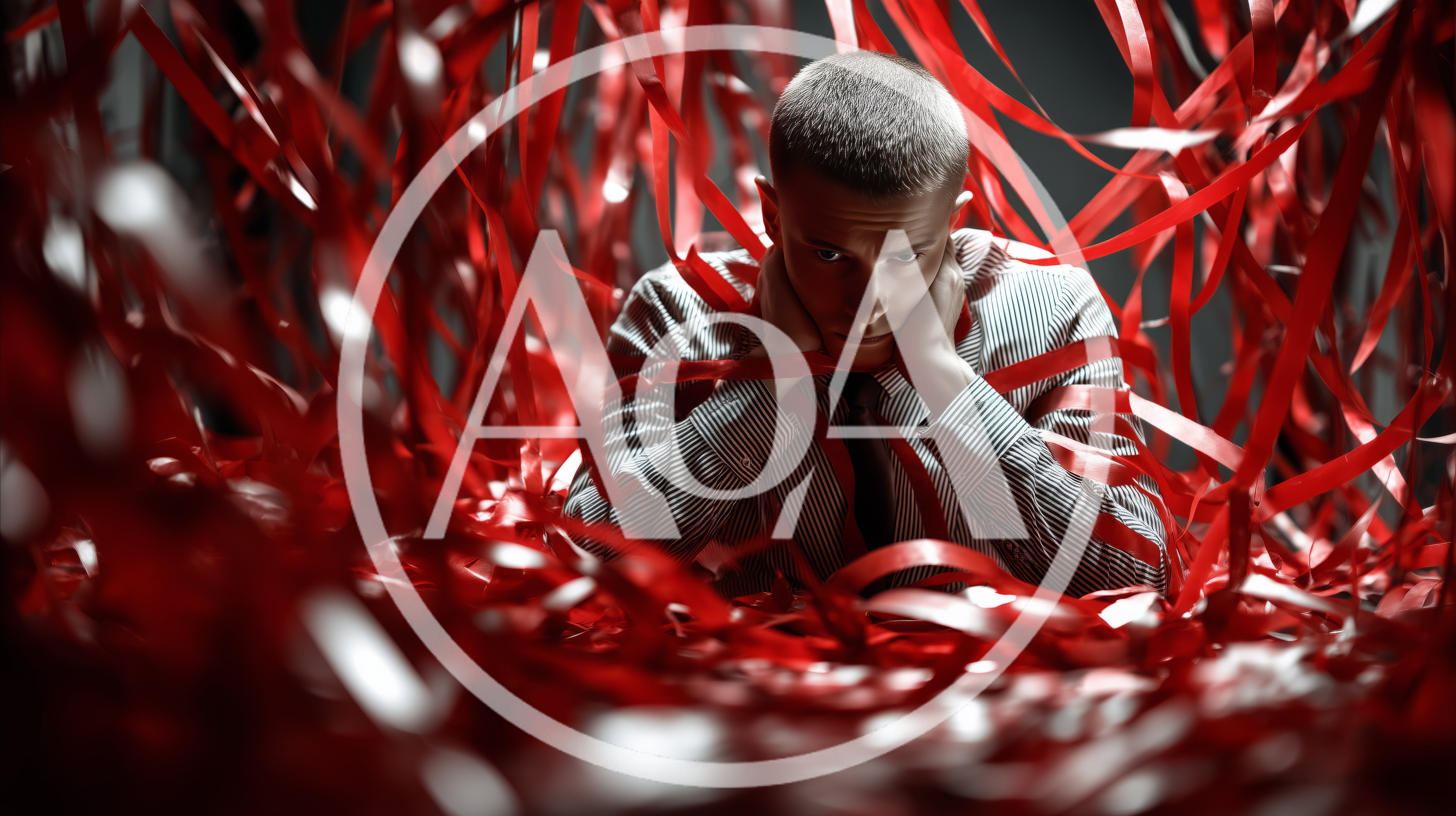 Stressed Businessman Surrounded By Tangled Red Ribbons