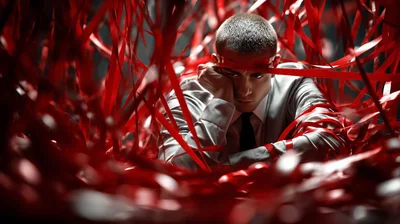 Stressed Businessman Entangled In Red Ribbons