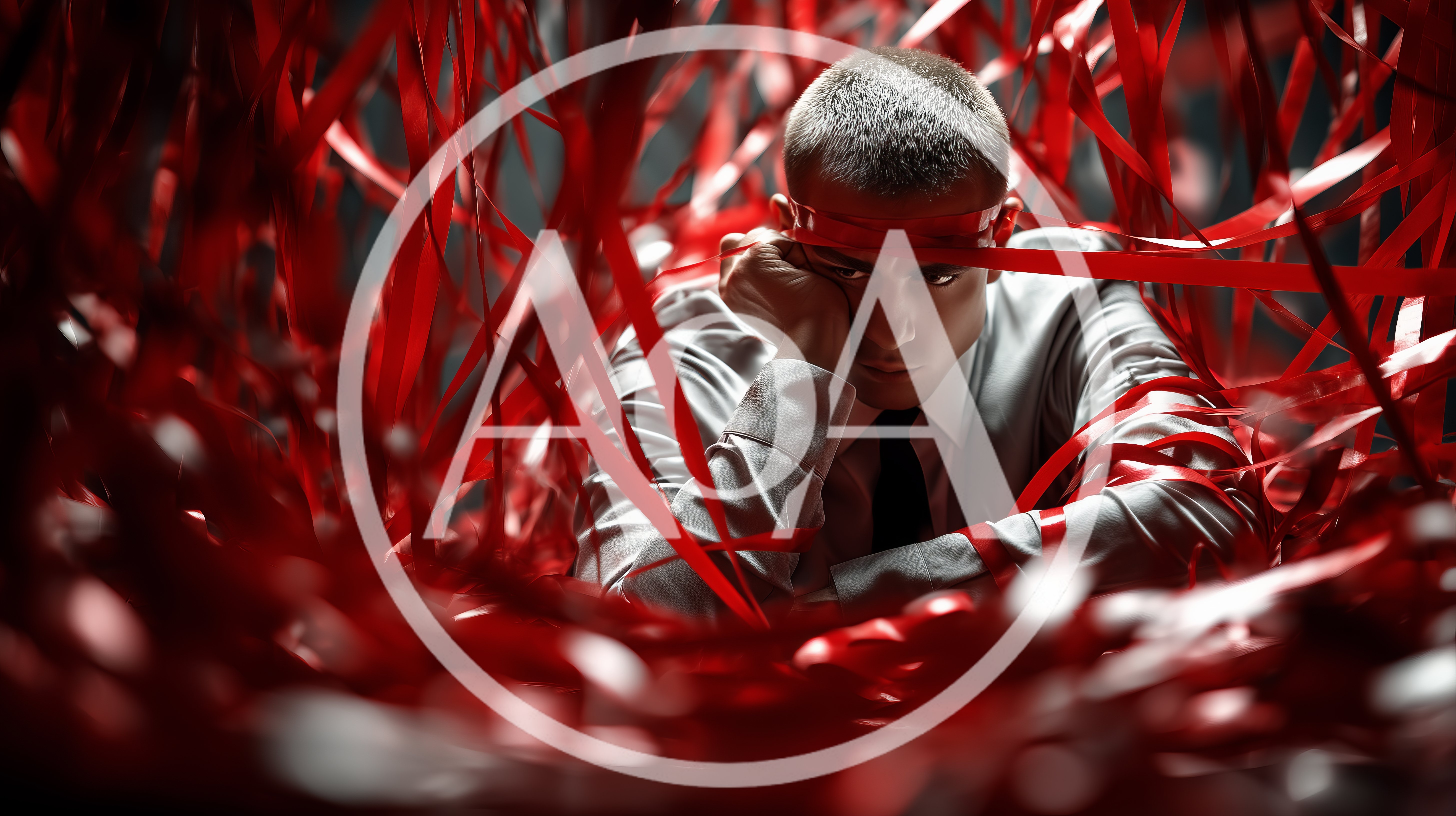Stressed Businessman Entangled In Red Ribbons