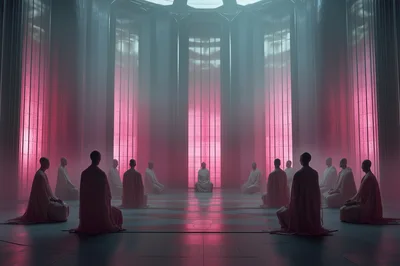 Group Of Monks Meditating In Futuristic Temple