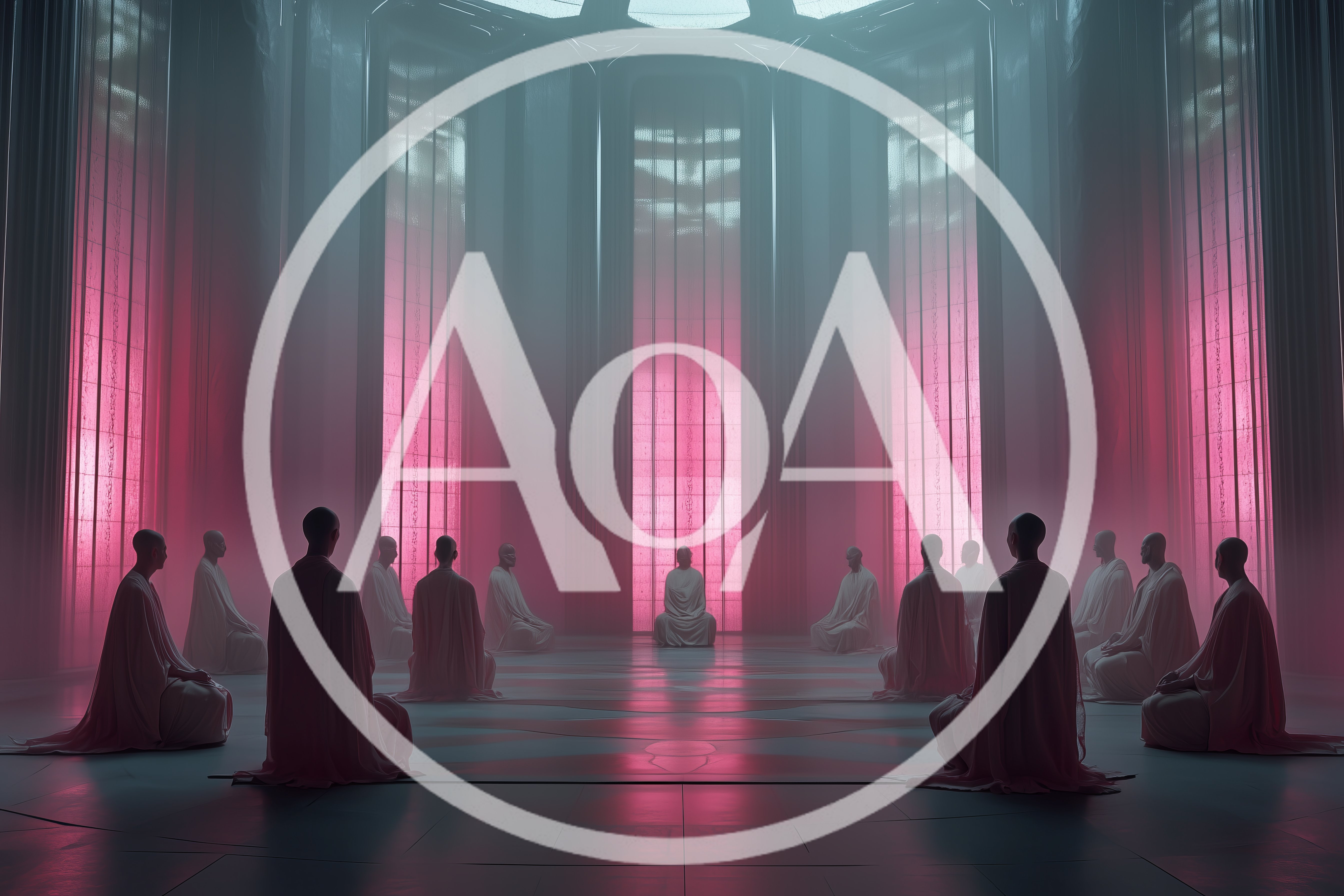 Group Of Monks Meditating In Futuristic Temple
