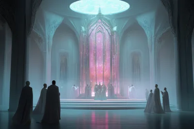 Figures In Robes Before A Glowing Ethereal Portal