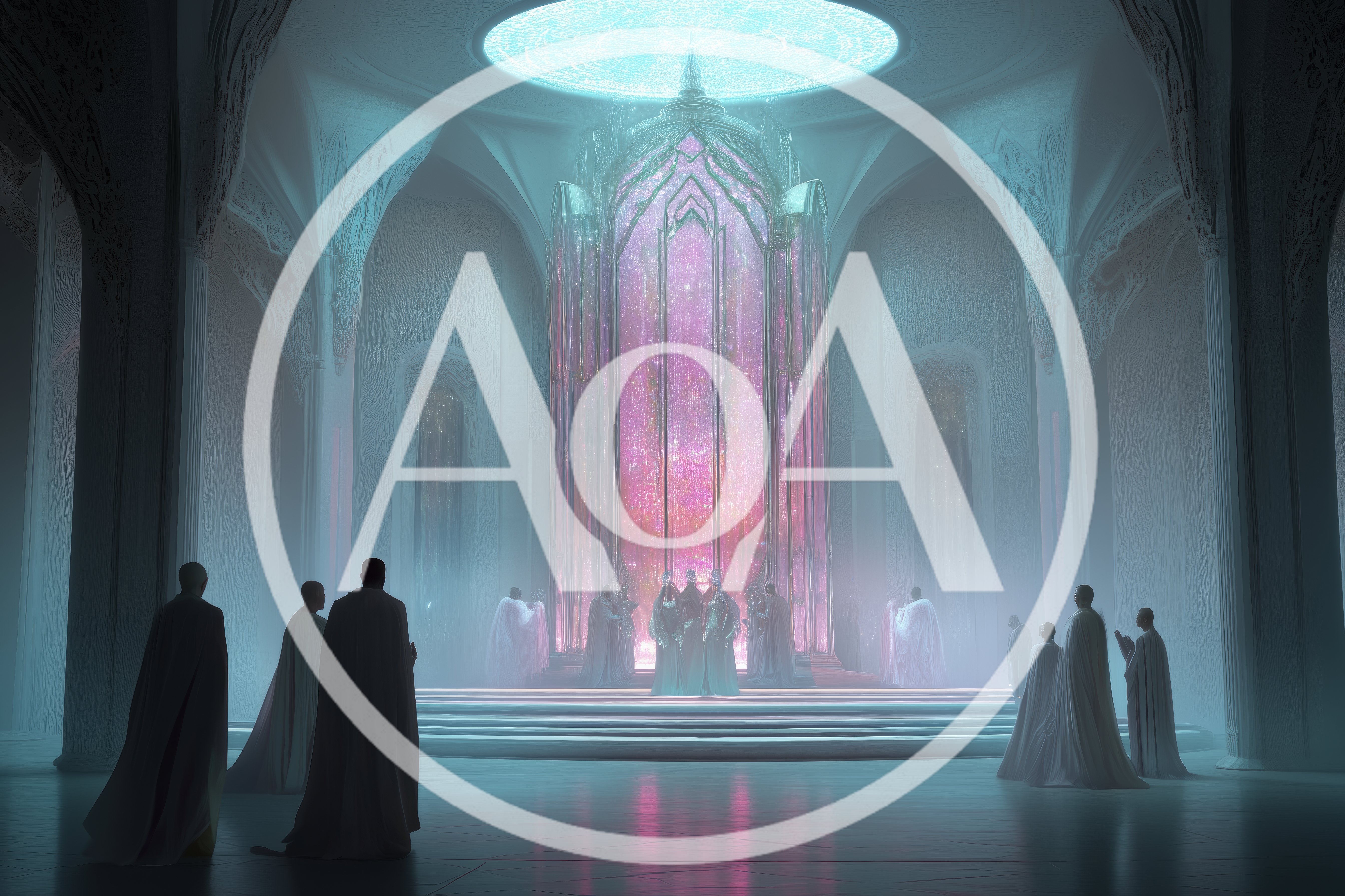Figures In Robes Before A Glowing Ethereal Portal
