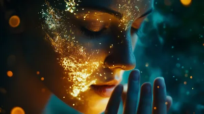 Close Up Portrait Of Woman With Glowing Golden Particles