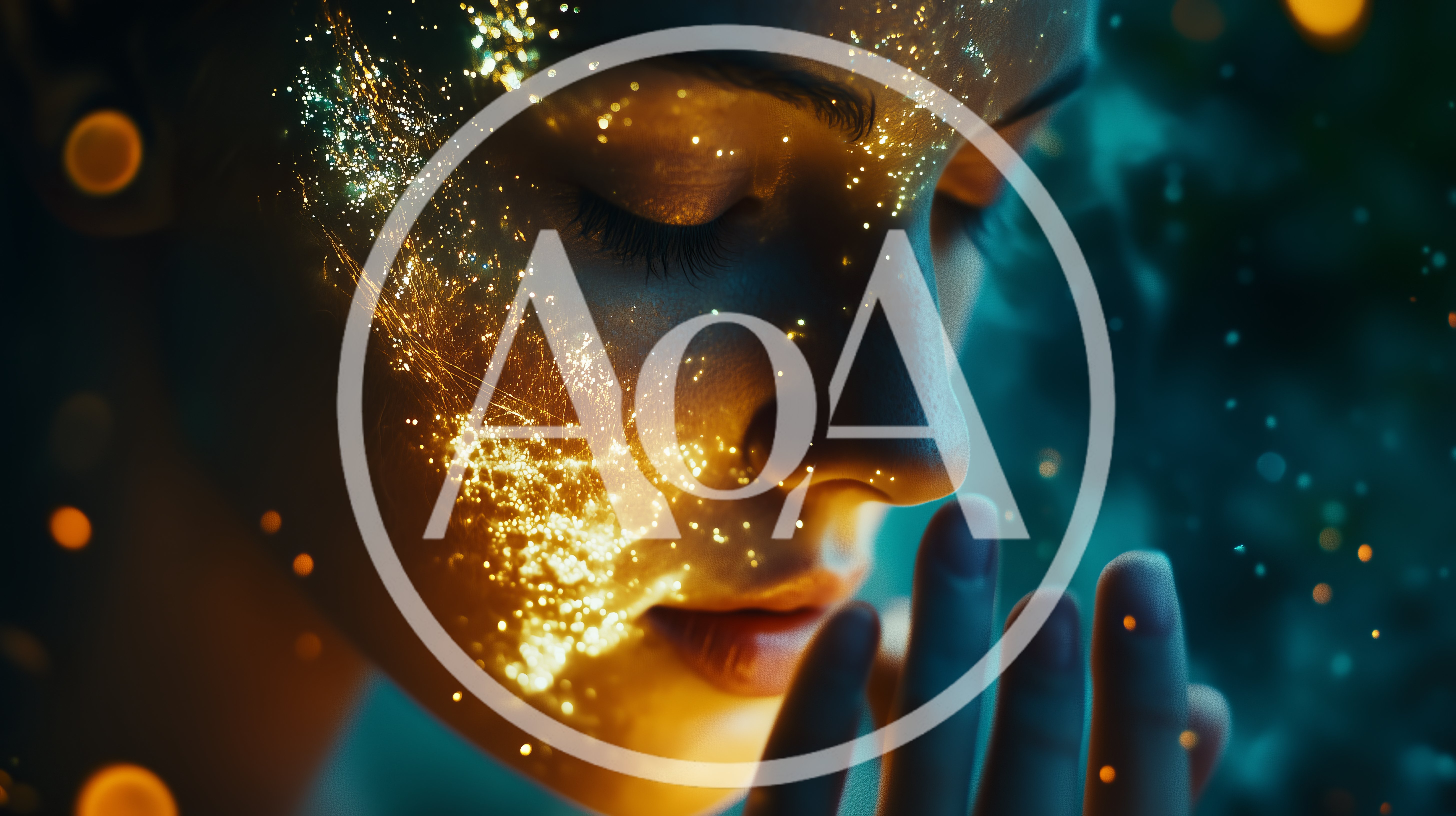 Close Up Portrait Of Woman With Glowing Golden Particles