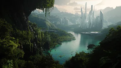 Futuristic Sci-Fi City Nestled In Lush Tropical Landscape