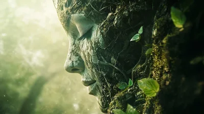 Stone Face Sculpture Merged With Tree Bark