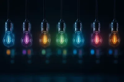 Seven Hanging Edison Light Bulbs With Colorful Glowing Filaments