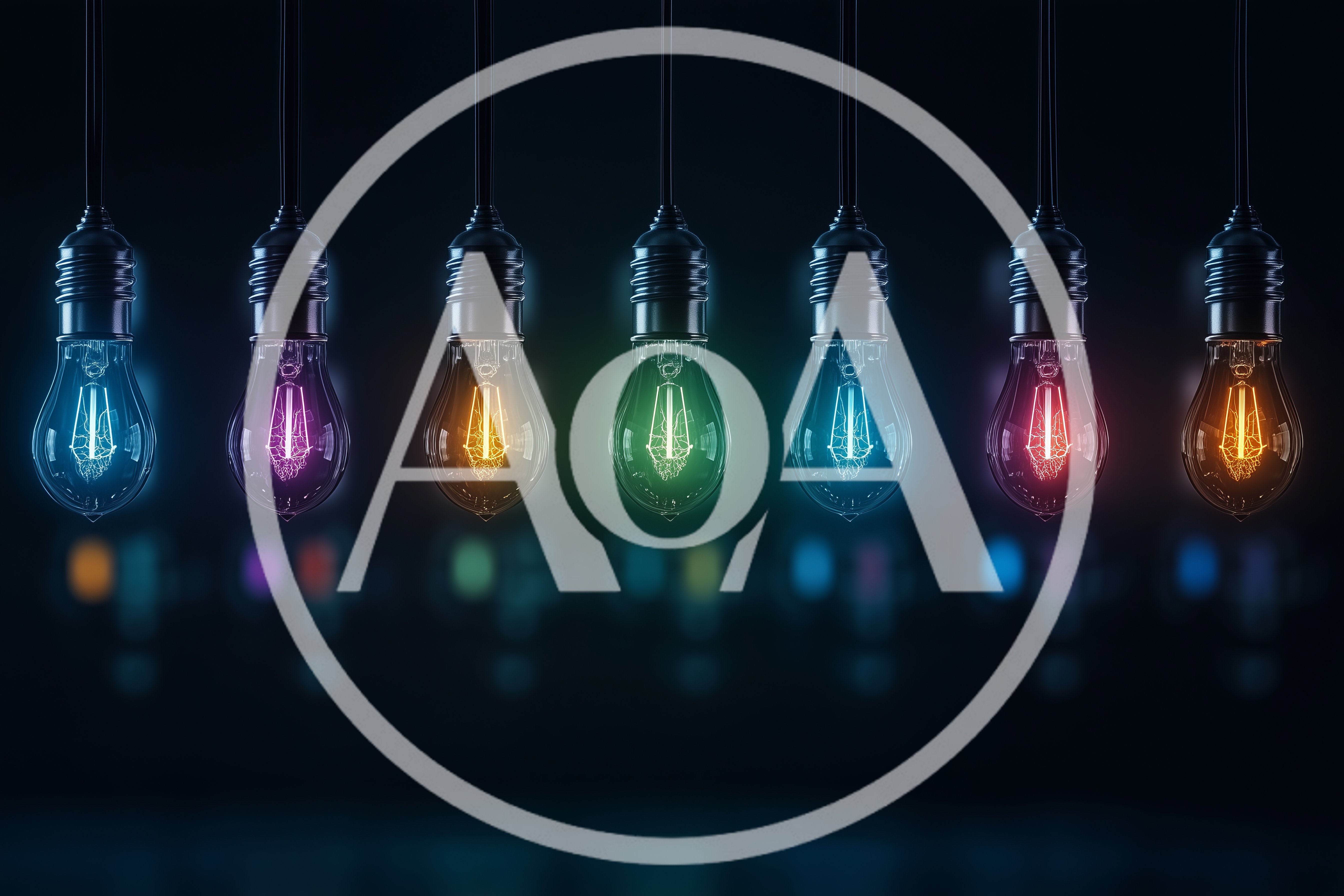 Seven Hanging Edison Light Bulbs With Colorful Glowing Filaments