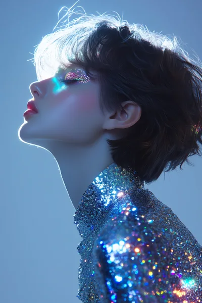 Portrait Of A Woman With Glittering Makeup And Sequined Top