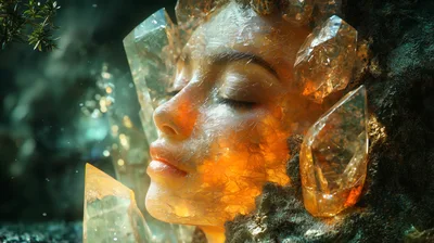 Surreal Portrait Of A Woman Made Of Amber Crystals