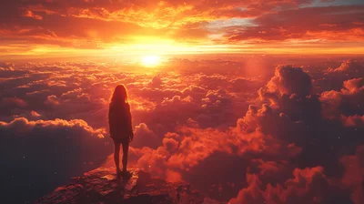 Woman Standing On Mountain Peak Above Clouds At Sunset