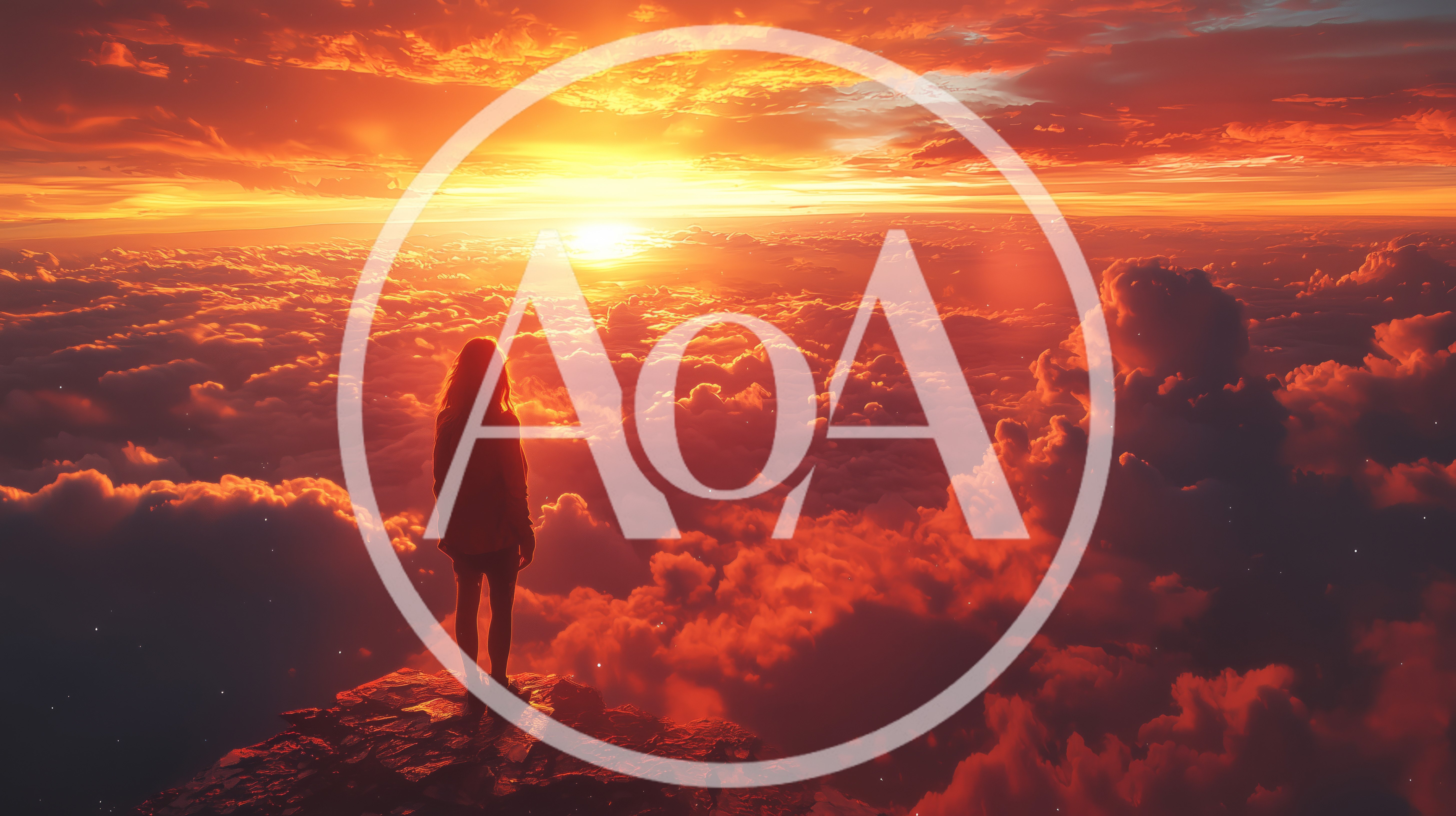Woman Standing On Mountain Peak Above Clouds At Sunset