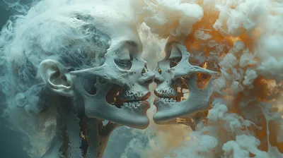 Two Human Skulls Kissing Amidst Swirling Colored Smoke