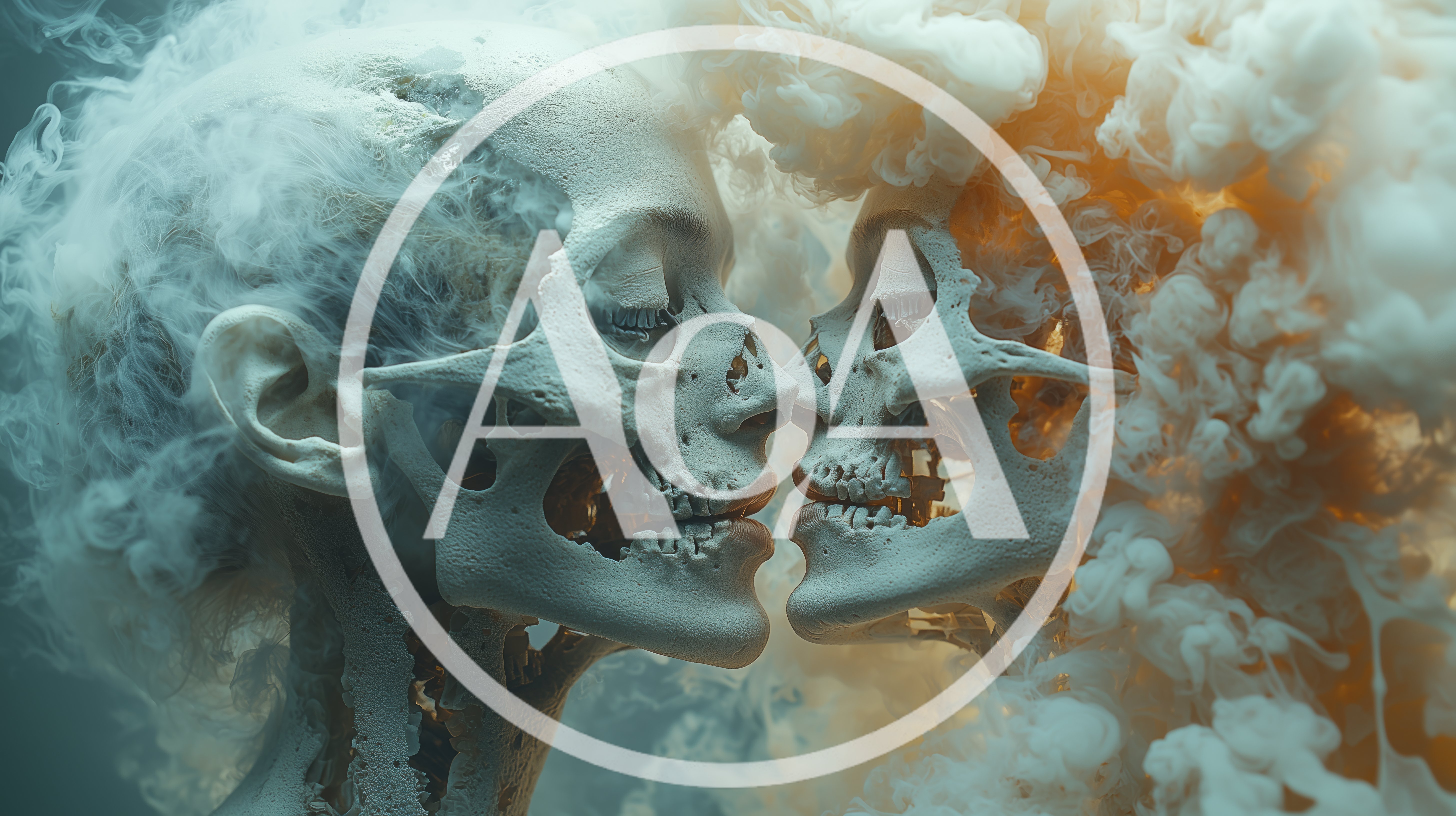 Two Human Skulls Kissing Amidst Swirling Colored Smoke