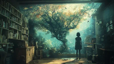 Young Girl Standing Before A Magical Indoor Tree