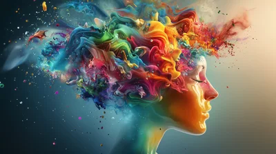 Abstract Human Profile With Exploding Colorful Paint Clouds