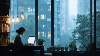 Woman Working On Laptop In Modern Apartment At Night