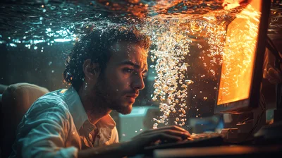 Man Working On Computer Underwater In Surreal Office