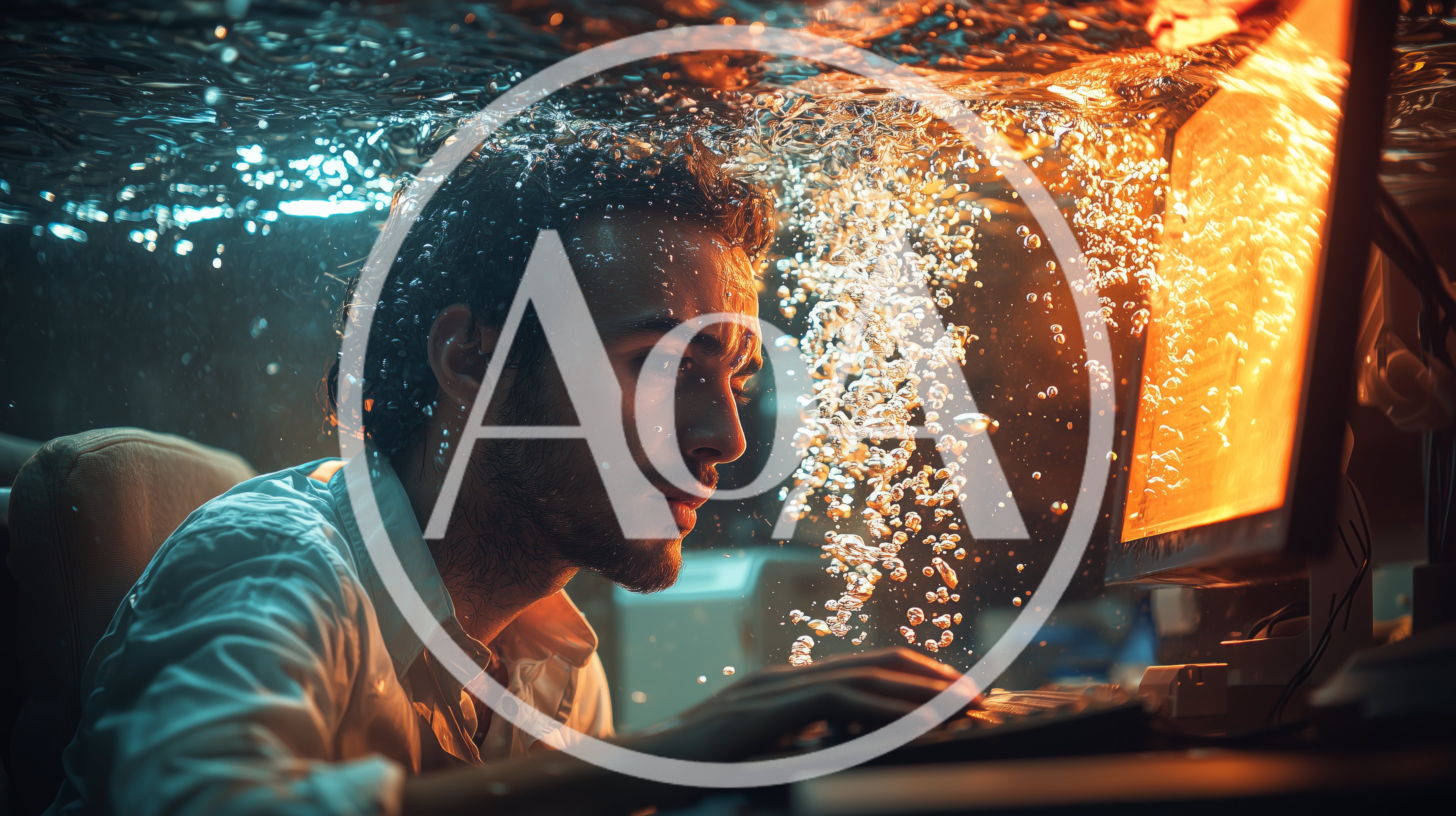 Man Working On Computer Underwater In Surreal Office