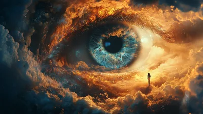 Surreal Giant Eye Floating Above Clouds With Silhouette